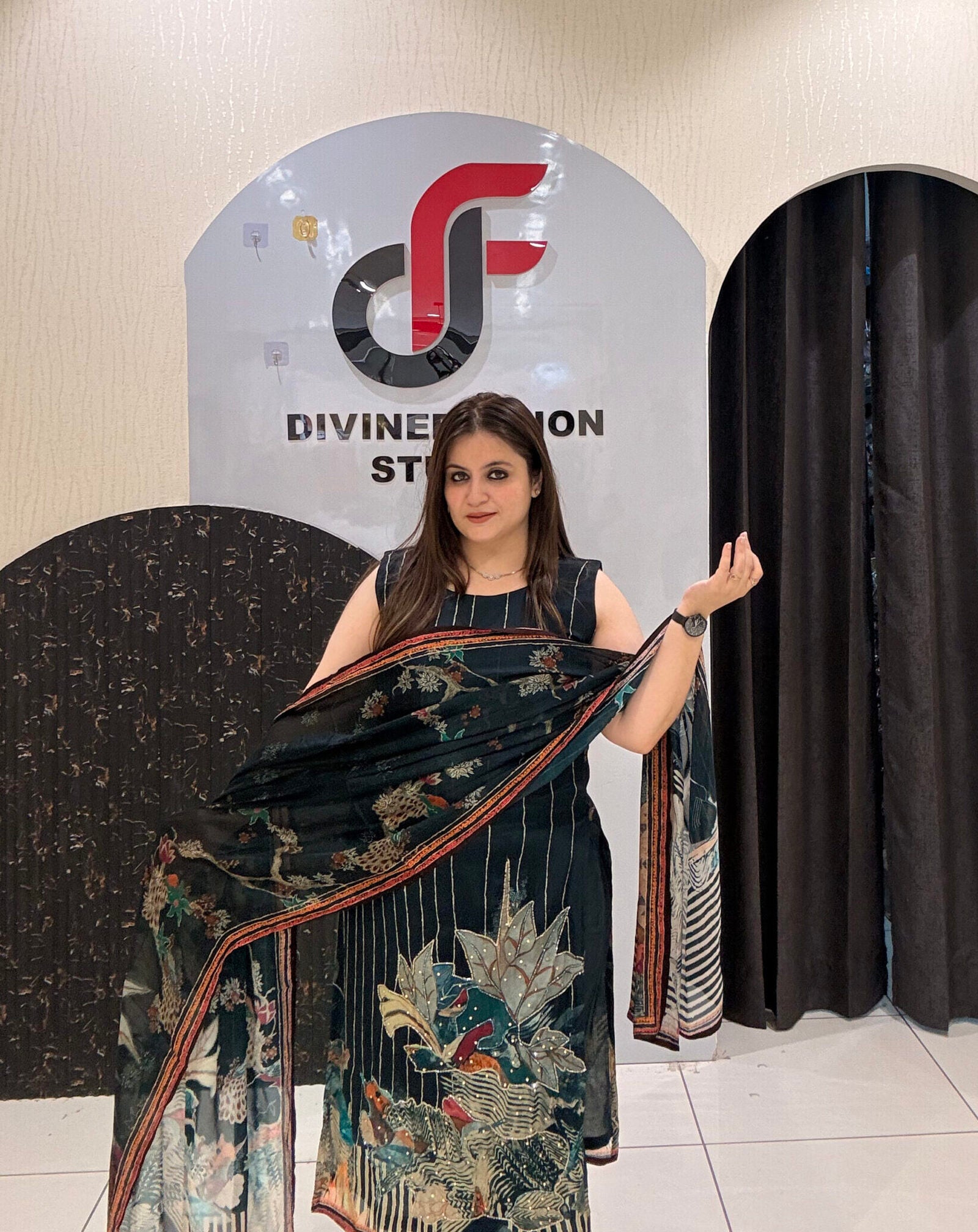 Black Chinon Fabric Printed Suit Set