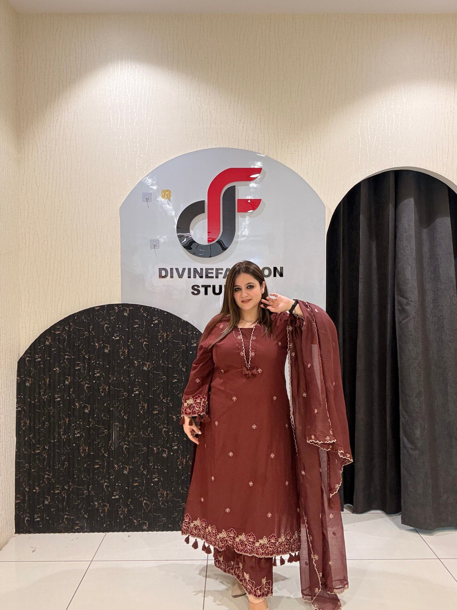 Maroon Pure Cotton Embroidered Suit Set