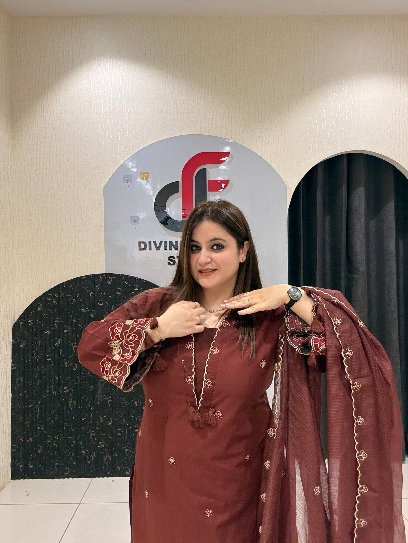 Maroon Pure Cotton Embroidered Suit Set