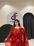 Red Pure Cotton Floral Frock Suit with Kota Doria Dupatta