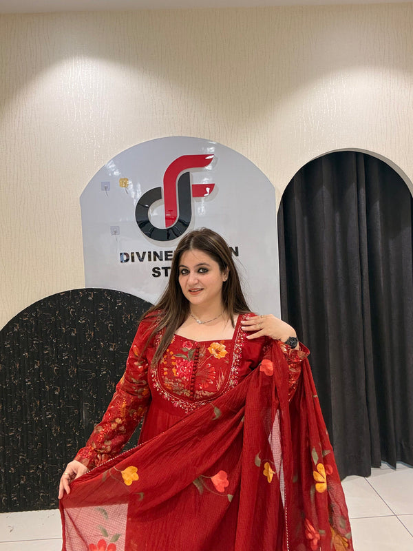 Red Pure Cotton Floral Frock Suit with Kota Doria Dupatta