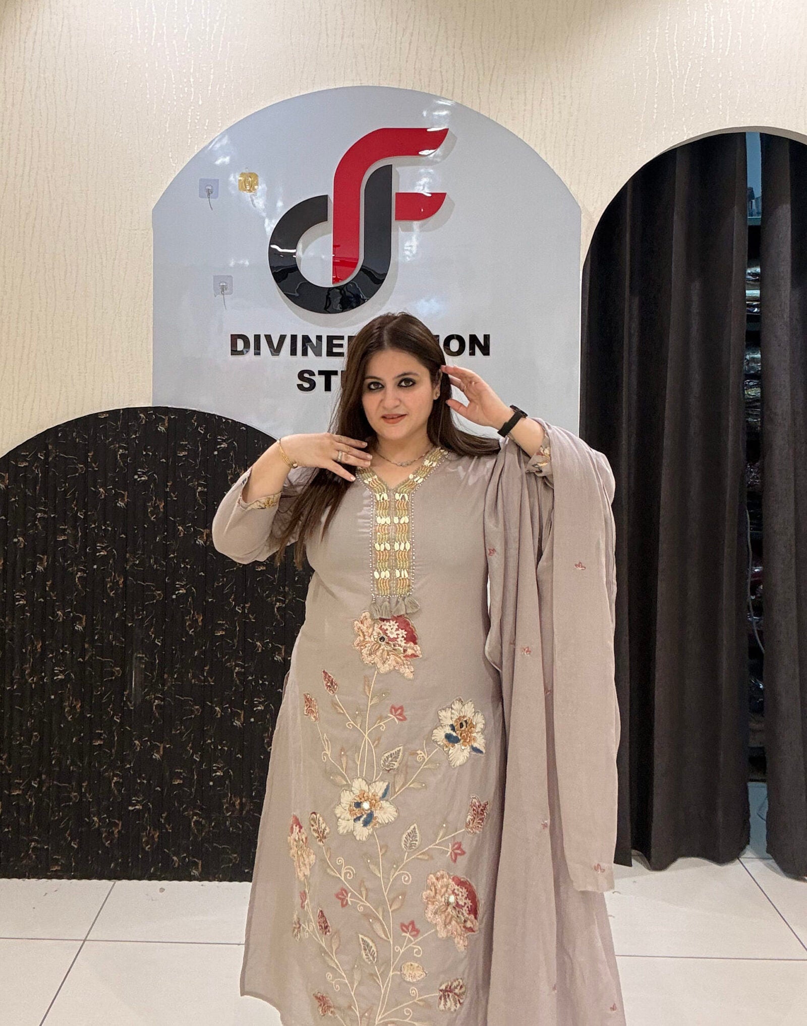 Beige Pure Cotton Floral Embroidered Suit Set