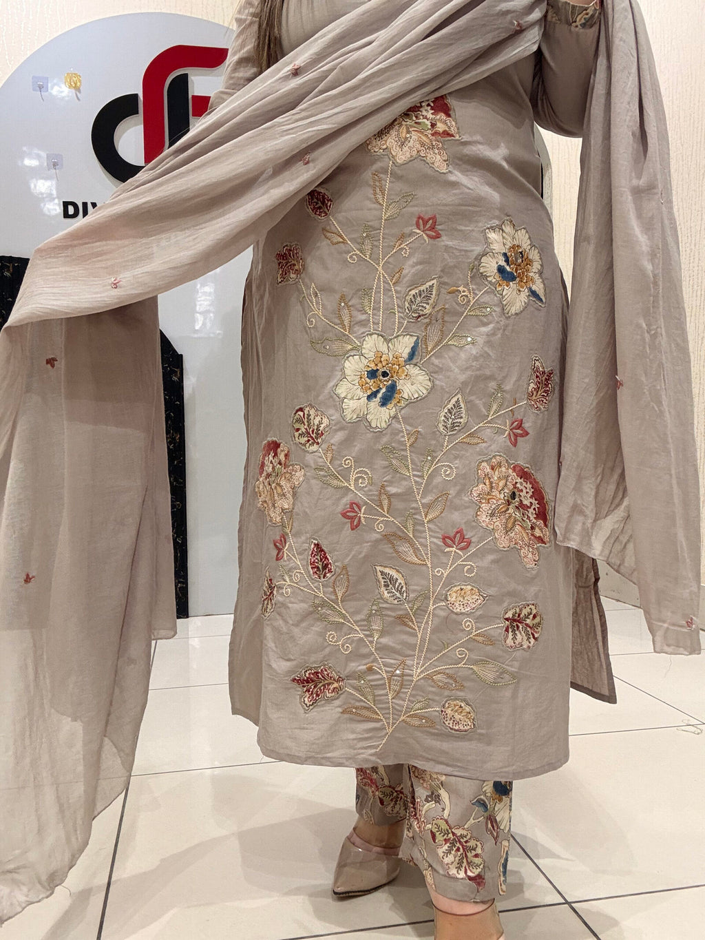 Beige Pure Cotton Floral Embroidered Suit Set