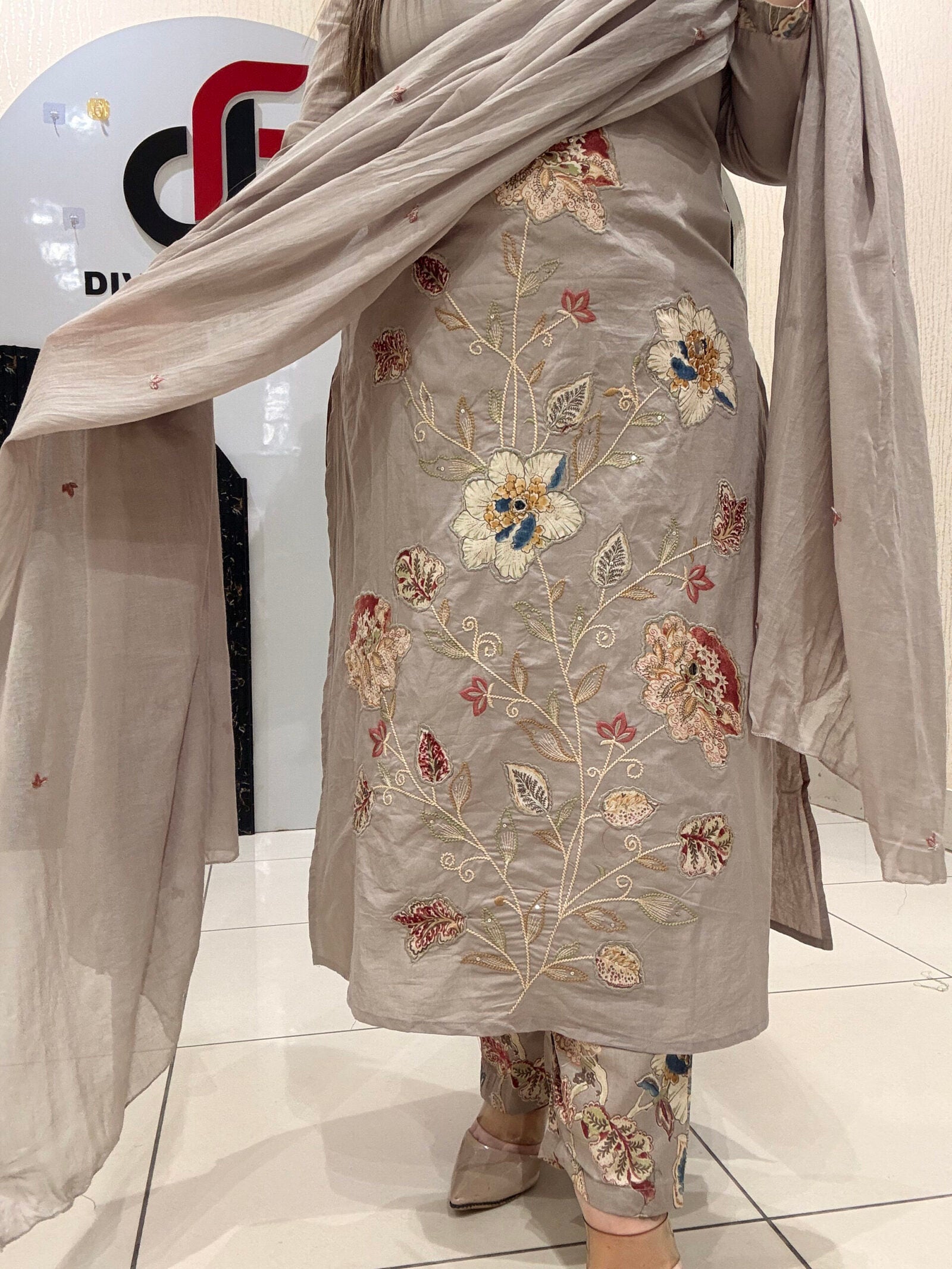 Beige Pure Cotton Floral Embroidered Suit Set