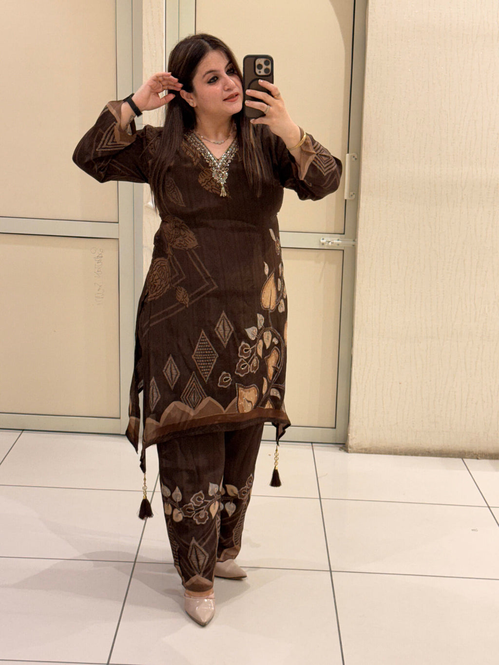Brown Crepe Printed Two-Piece Set