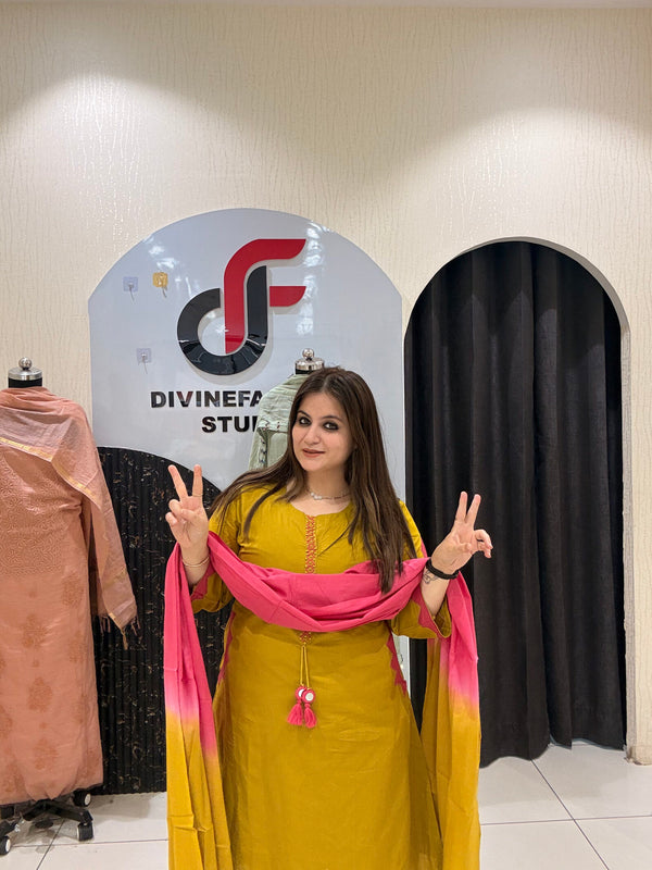 Mustard Pure Cotton Suit with Pink Ombre Dupatta