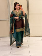 Teal & Maroon Superior Fabric Embroidered Suit Set (Free Size till XL)