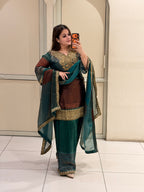 Teal & Maroon Superior Fabric Embroidered Suit Set (Free Size till XL)