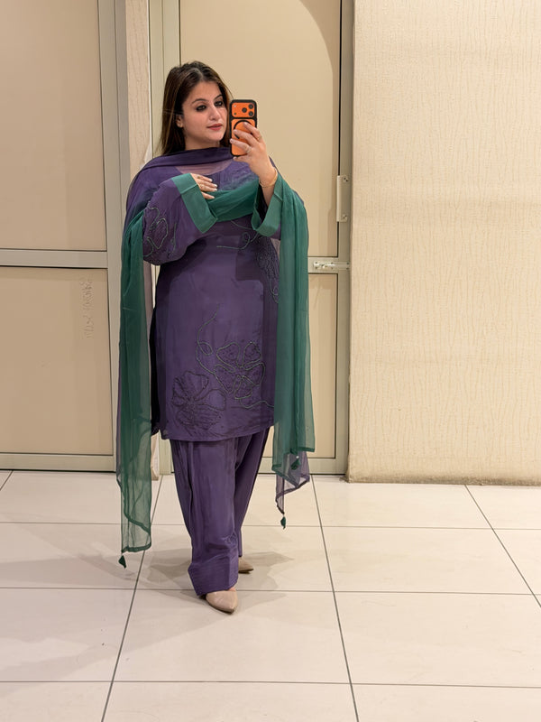 Purple Pure Crepe Handwork Suit (Free Size)