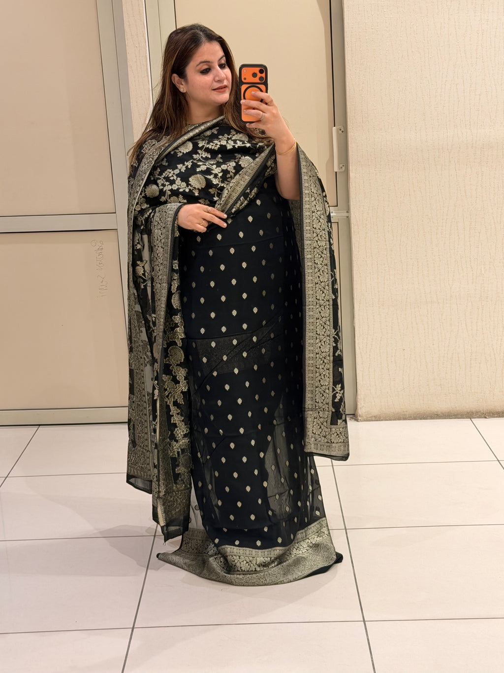 Unstitched Black Banarasi Silk Suit Set