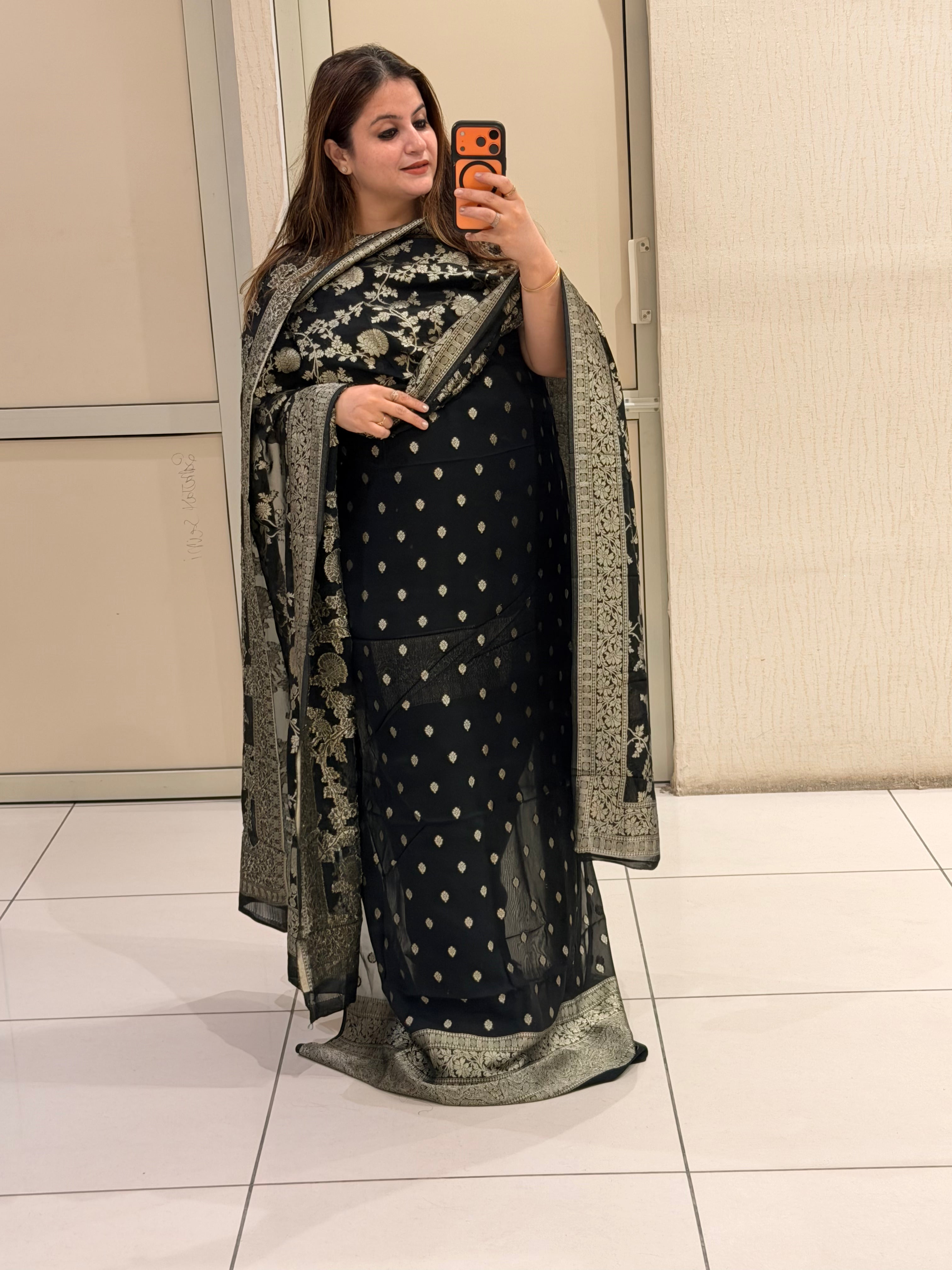 Unstitched Black Banarasi Silk Suit Set