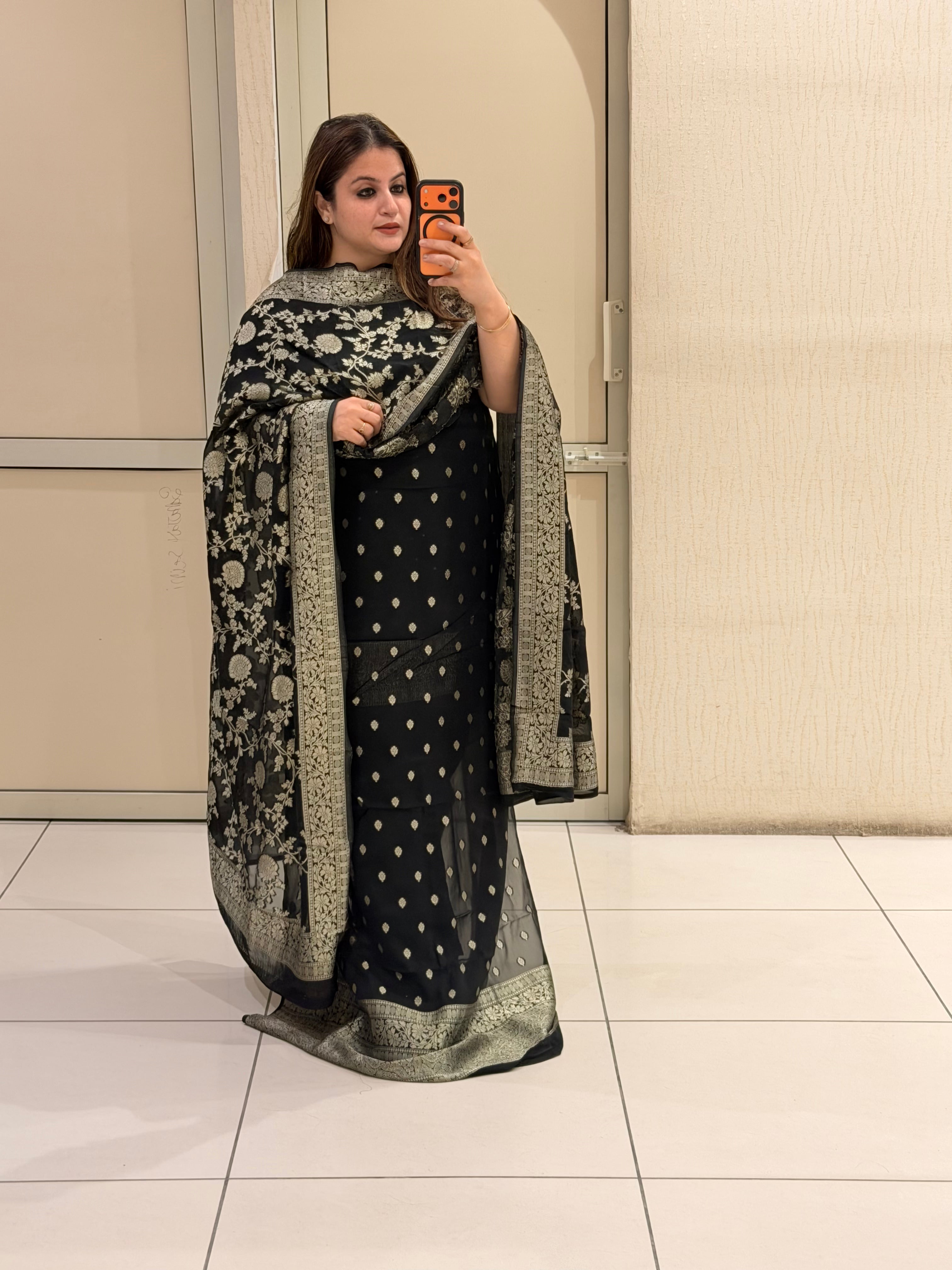 Unstitched Black Banarasi Silk Suit Set