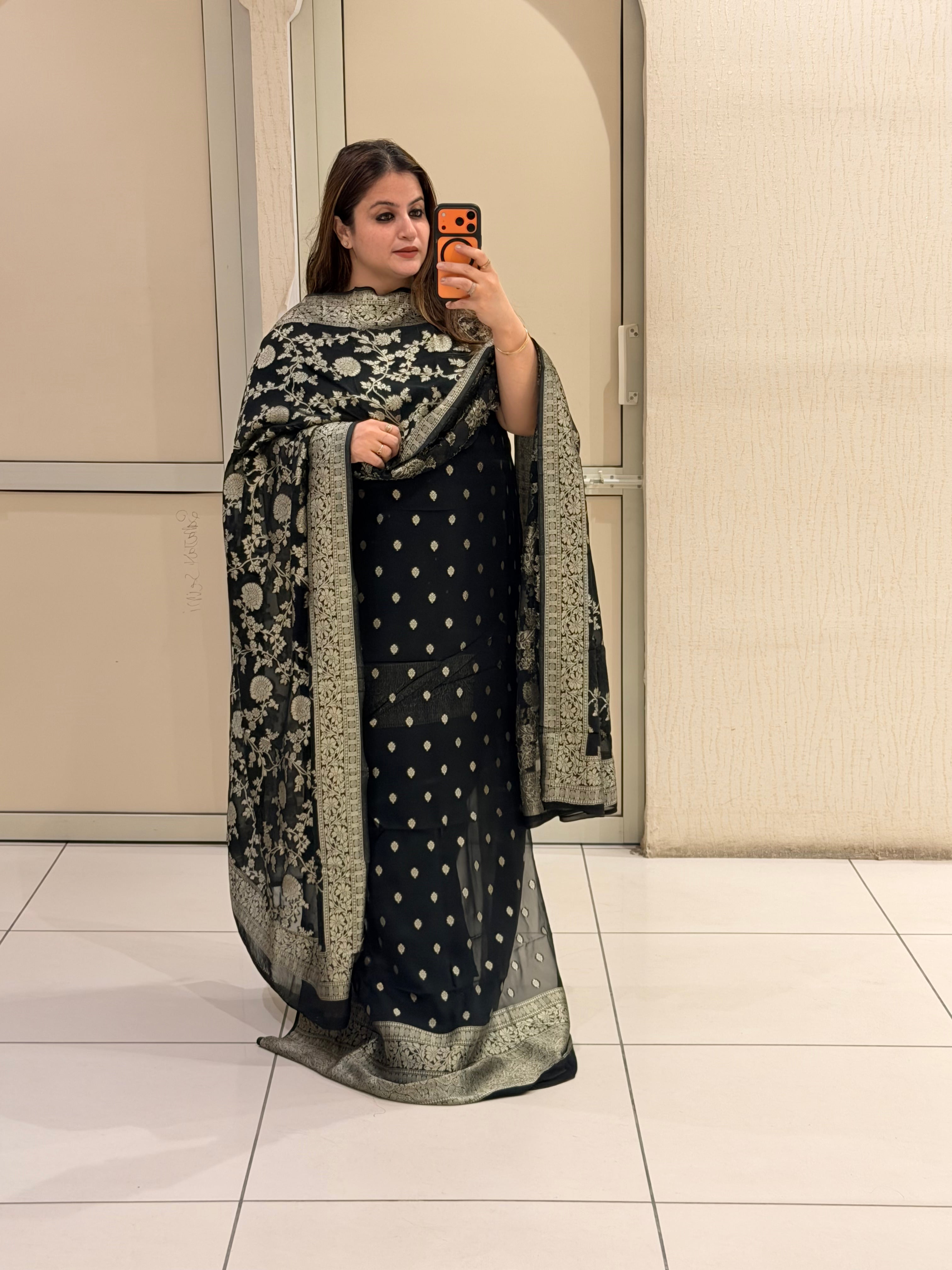 Unstitched Black Banarasi Silk Suit Set