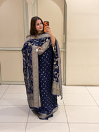 Unstitched Navy Blue Pure Georgette Banarasi Suit