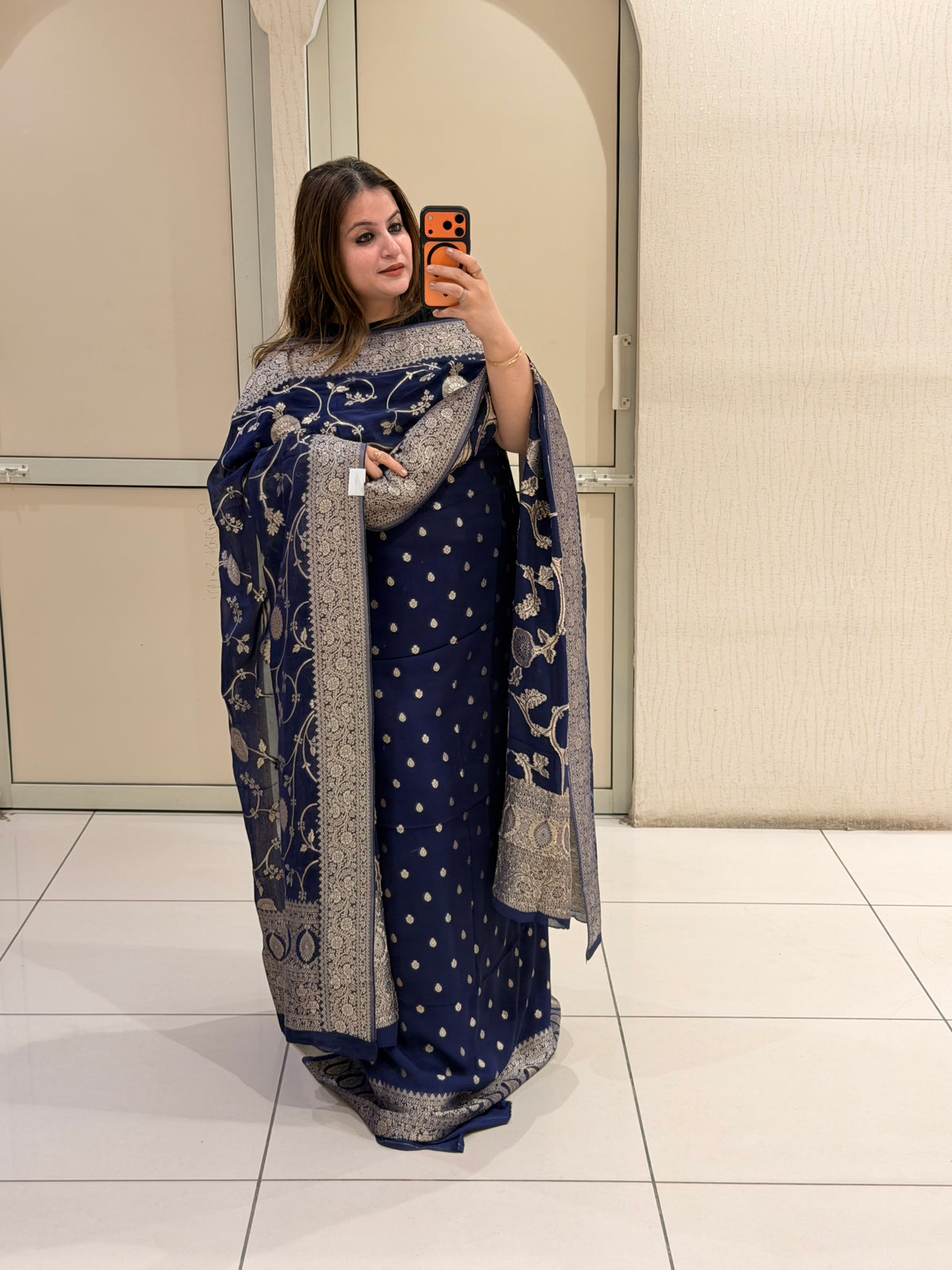 Unstitched Navy Blue Pure Georgette Banarasi Suit