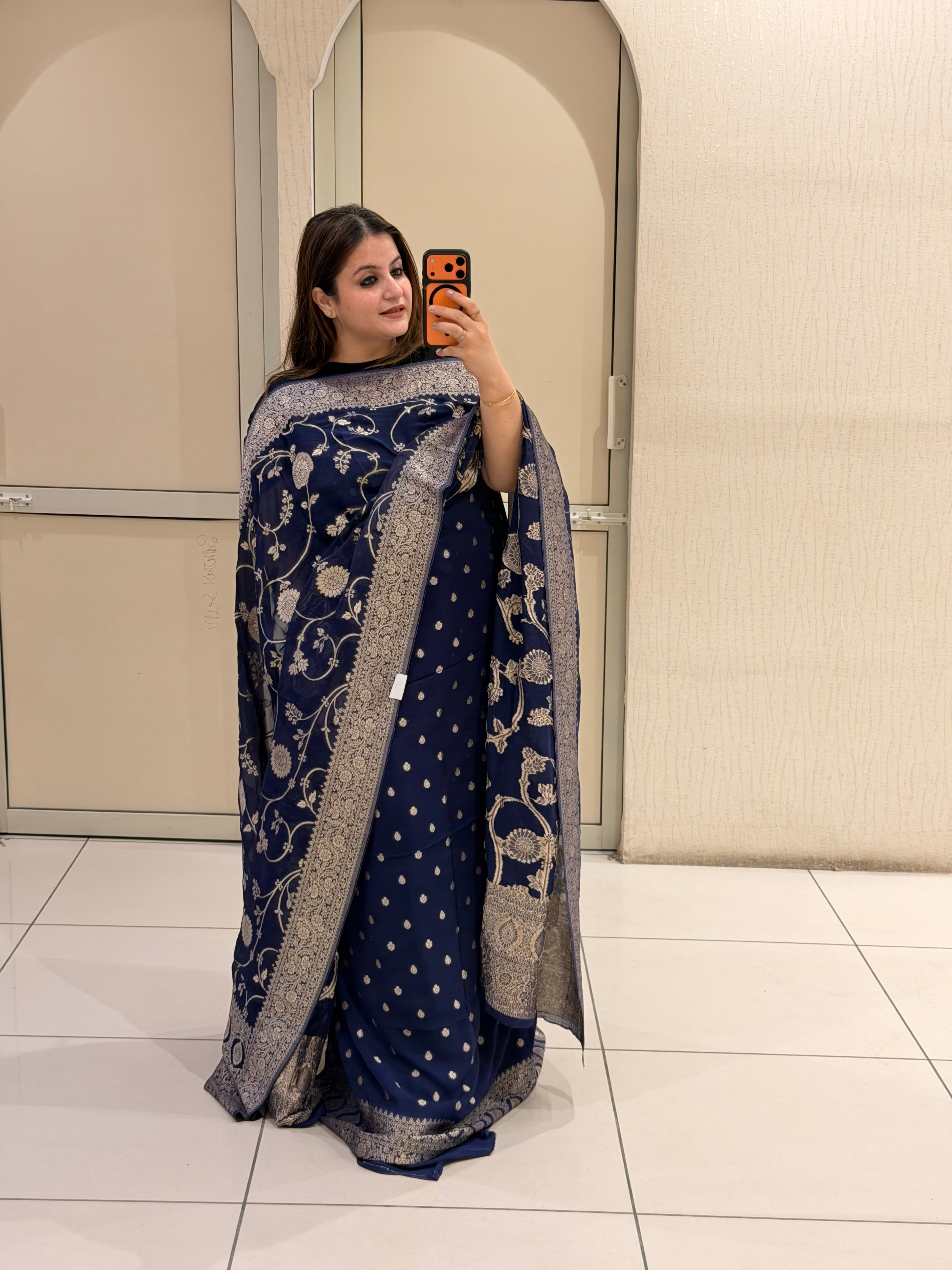 Unstitched Navy Blue Pure Georgette Banarasi Suit