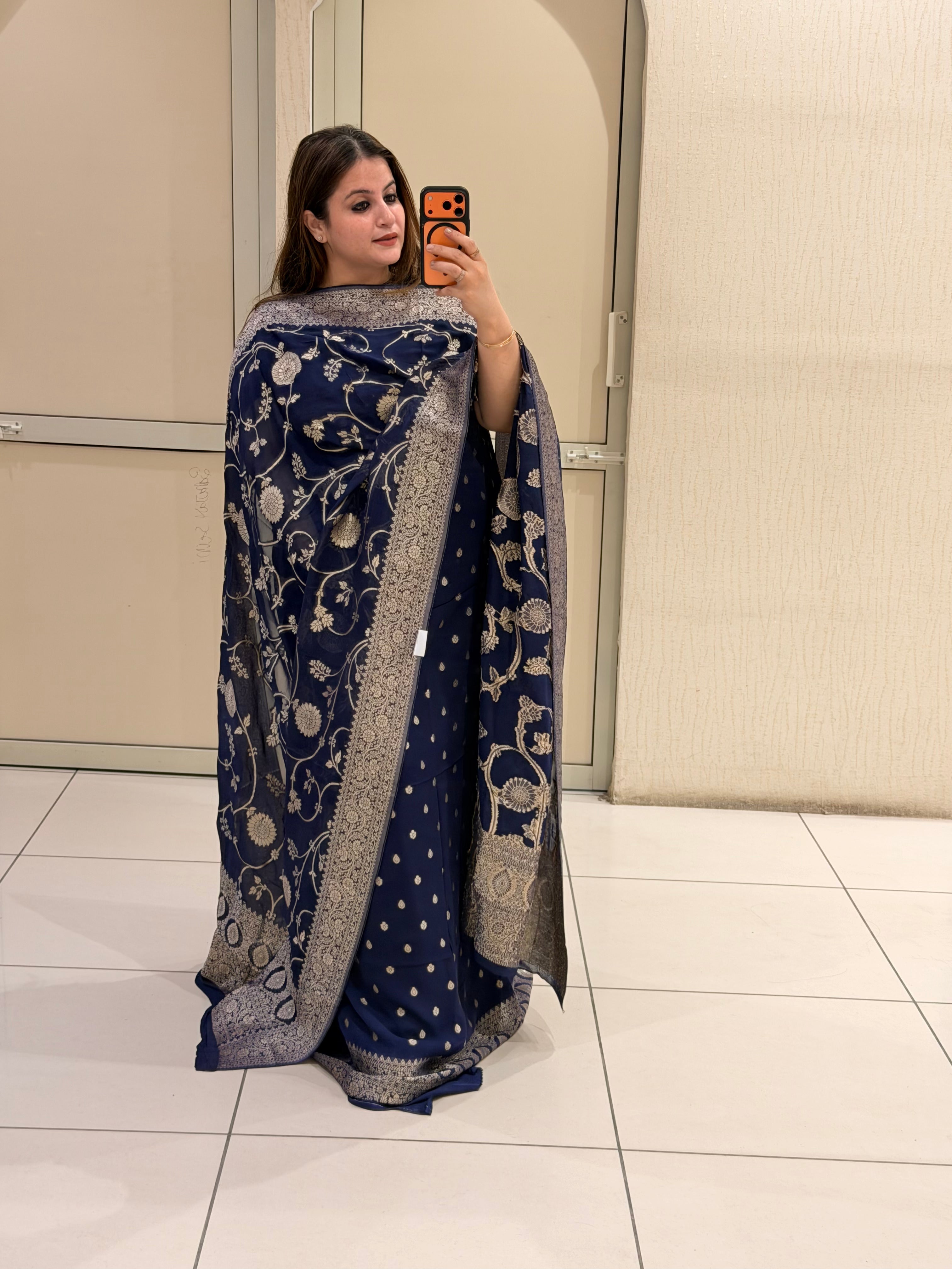 Unstitched Navy Blue Pure Georgette Banarasi Suit