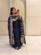 Unstitched Navy Blue Pure Georgette Banarasi Suit