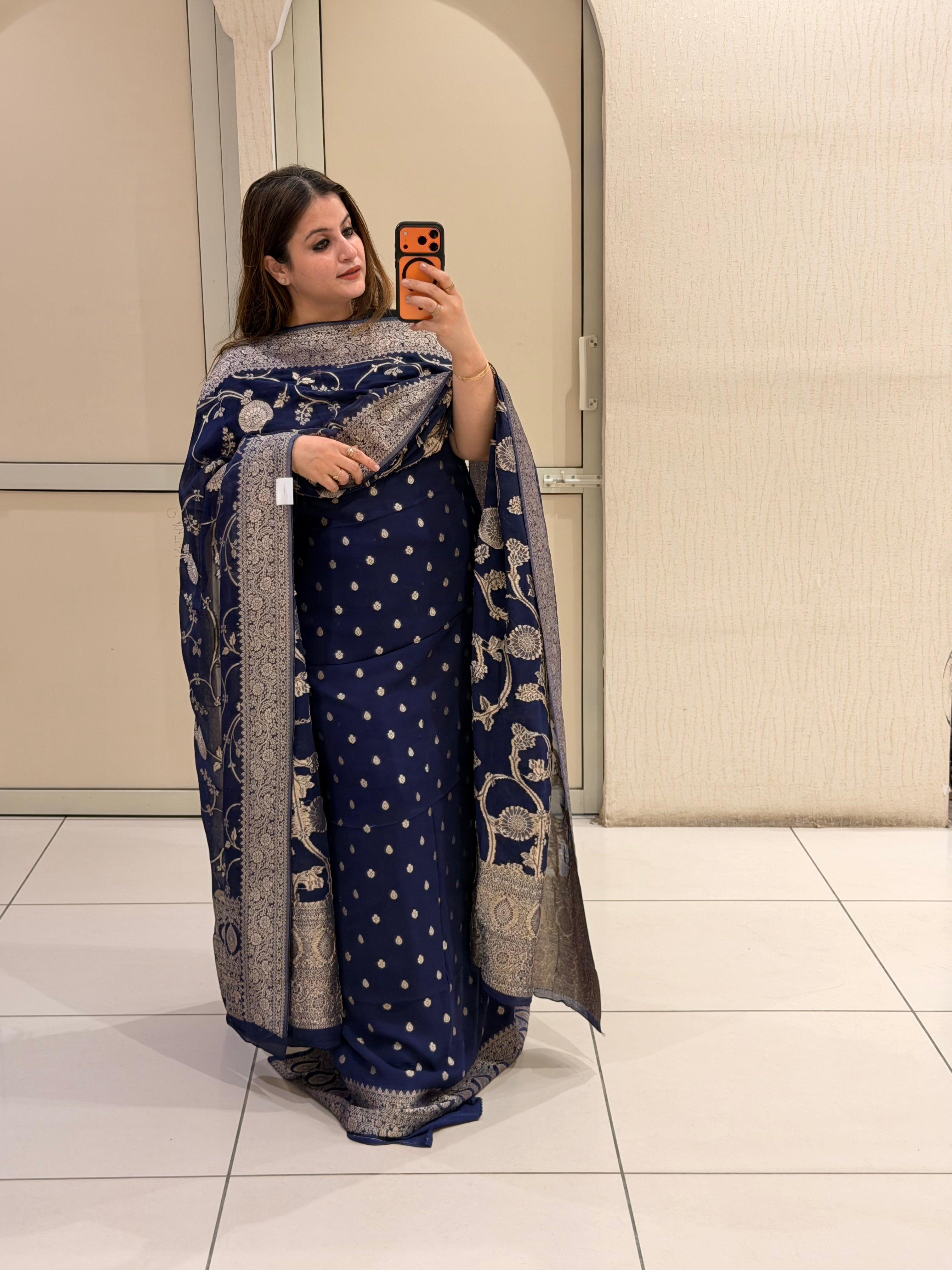 Unstitched Navy Blue Pure Georgette Banarasi Suit