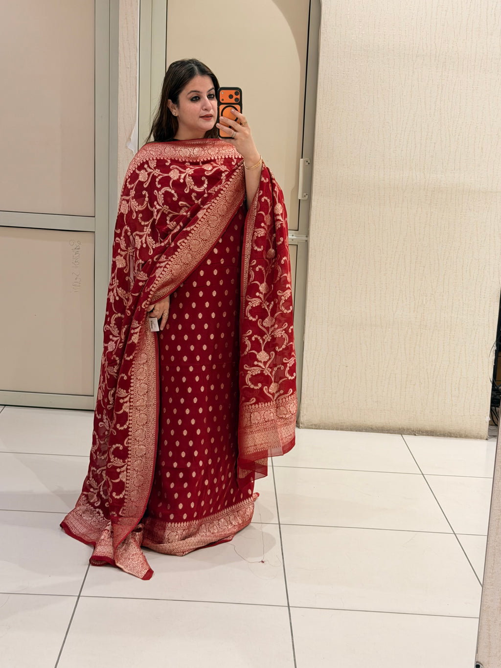 Unstitched Red Pure Georgette Banarasi Suit