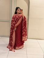 Unstitched Red Pure Georgette Banarasi Suit