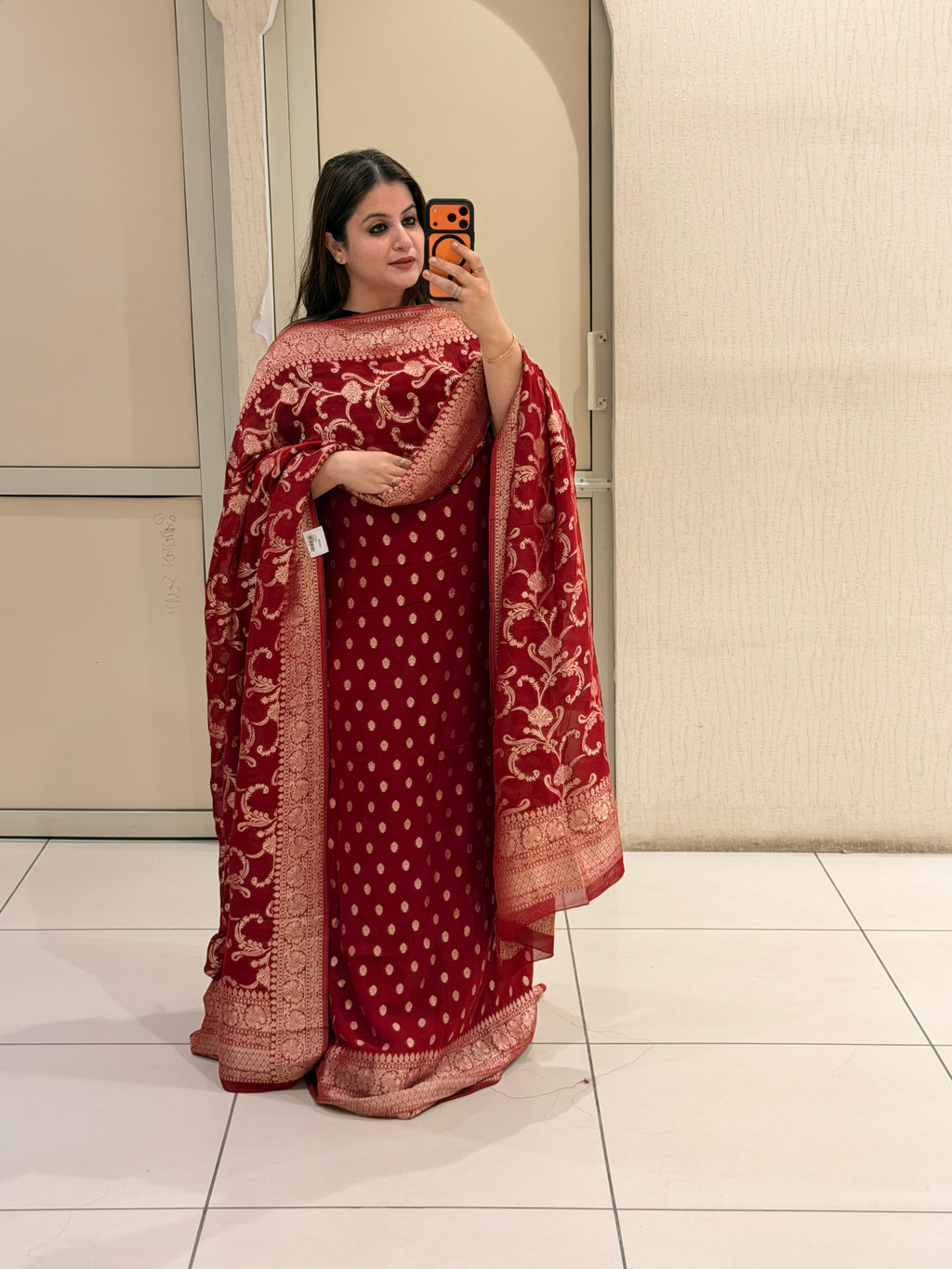 Unstitched Red Pure Georgette Banarasi Suit