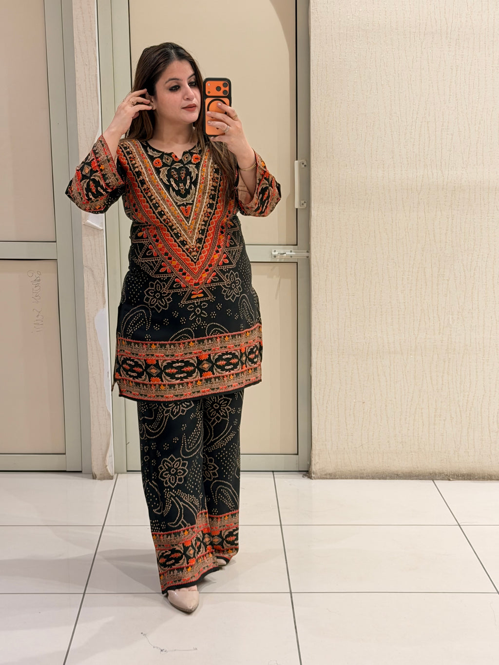 Black & Orange Gajji Silk Printed Coord Set (M–3XL)