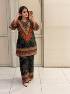 Black & Orange Gajji Silk Printed Coord Set (M–3XL)