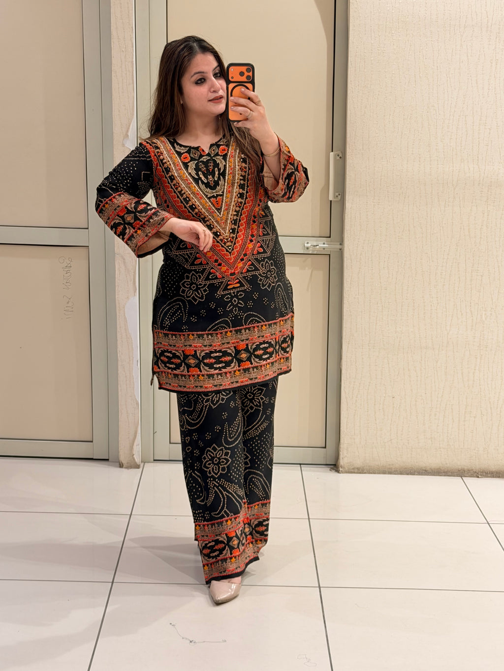 Black & Orange Gajji Silk Printed Coord Set (M–3XL)