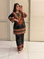 Black & Orange Gajji Silk Printed Coord Set (M–3XL)