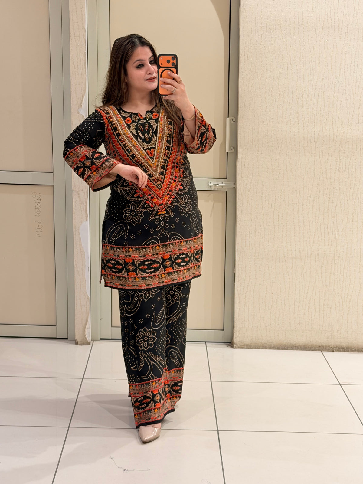 Black & Orange Gajji Silk Printed Coord Set (M–3XL)