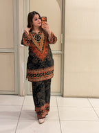 Black & Orange Gajji Silk Printed Coord Set (M–3XL)