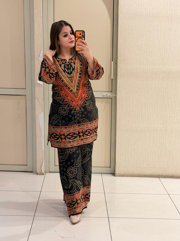 Black & Orange Gajji Silk Printed Coord Set (M–3XL)
