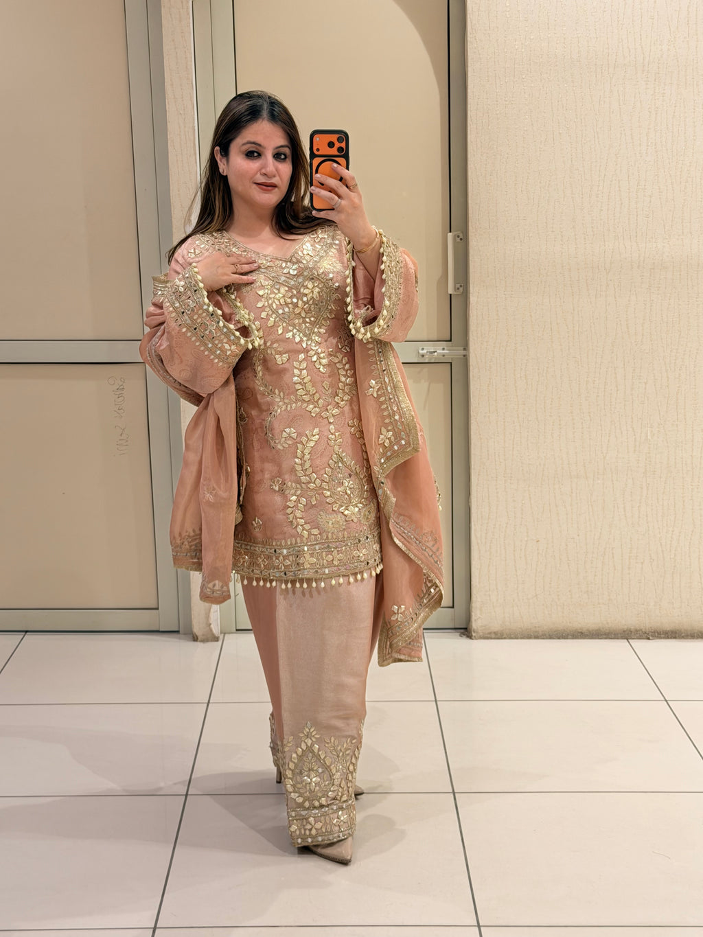 Peach Luxe Embroidered Suit Set (Free Size)