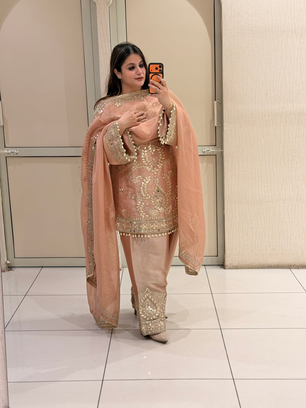 Peach Luxe Embroidered Suit Set (Free Size)