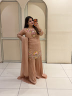 Peach Dola Silk Embroidered Suit Set (M–XXL)