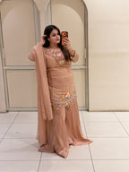 Peach Dola Silk Embroidered Suit Set (M–XXL)