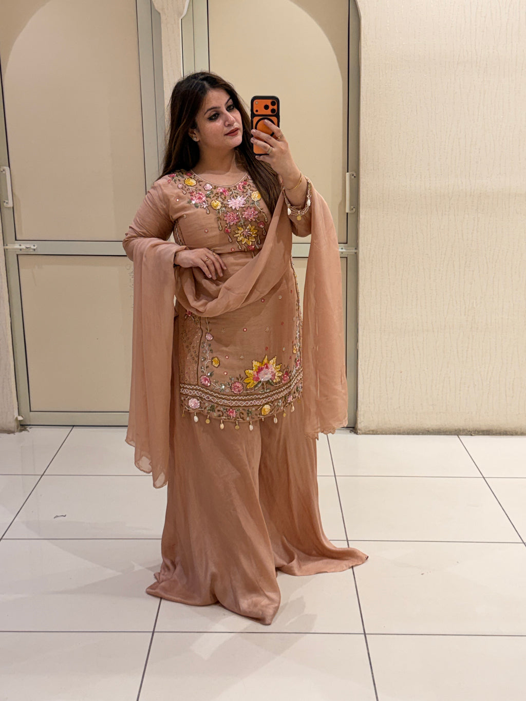 Peach Dola Silk Embroidered Suit Set (M–XXL)