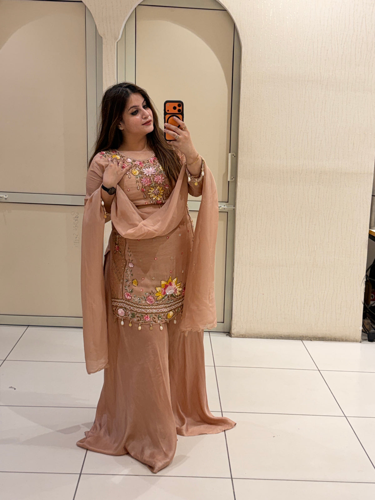 Peach Dola Silk Embroidered Suit Set (M–XXL)