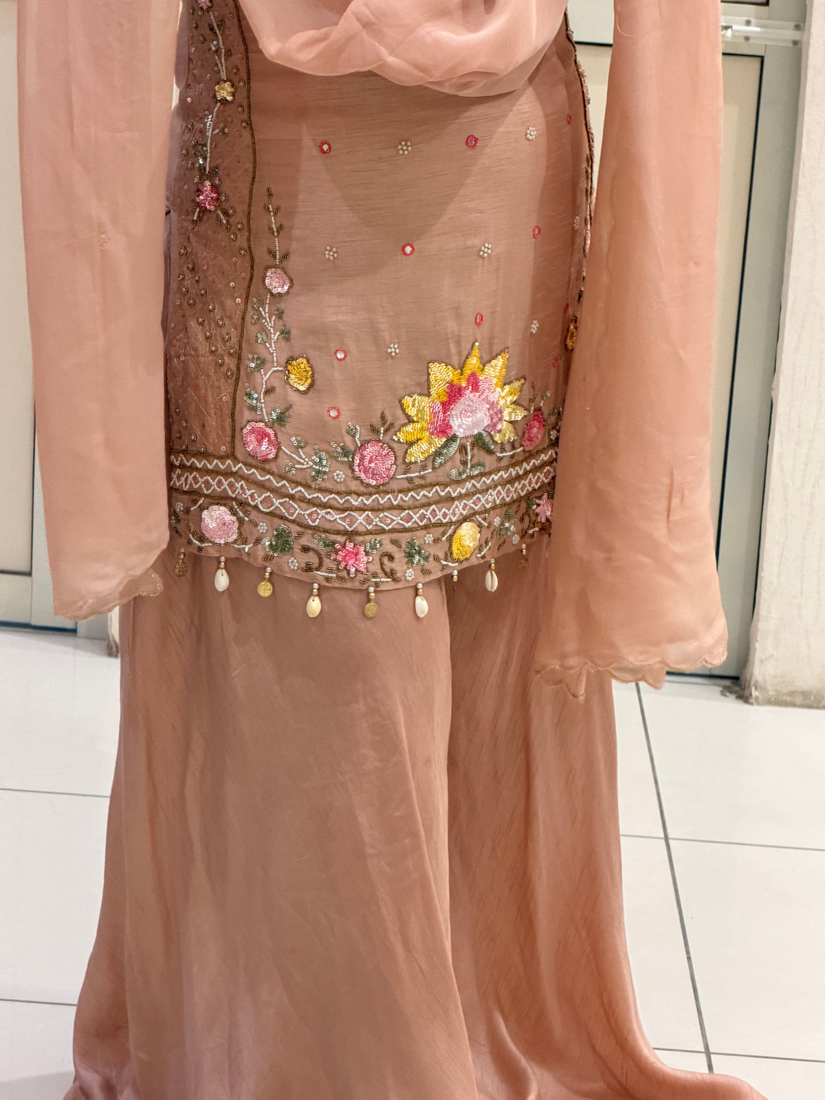 Peach Dola Silk Embroidered Suit Set (M–XXL)