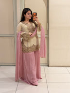 Cream & Pink Luxe Embroidered Suit Set (Free Size till XL)