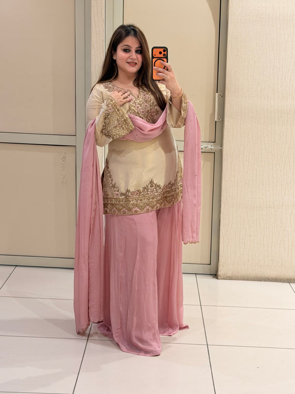 Cream & Pink Luxe Embroidered Suit Set (Free Size till XL)