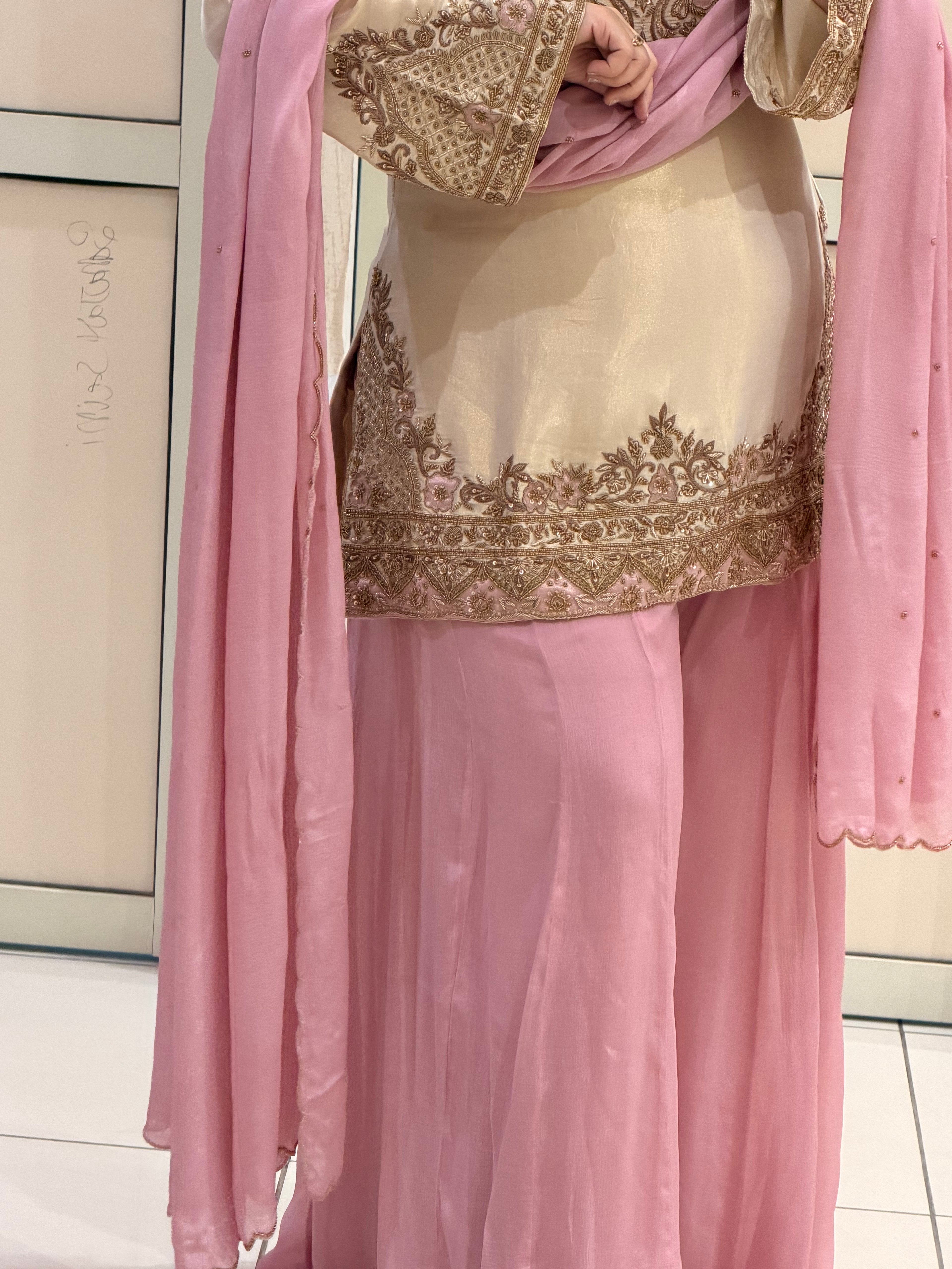 Cream & Pink Luxe Embroidered Suit Set (Free Size till XL)