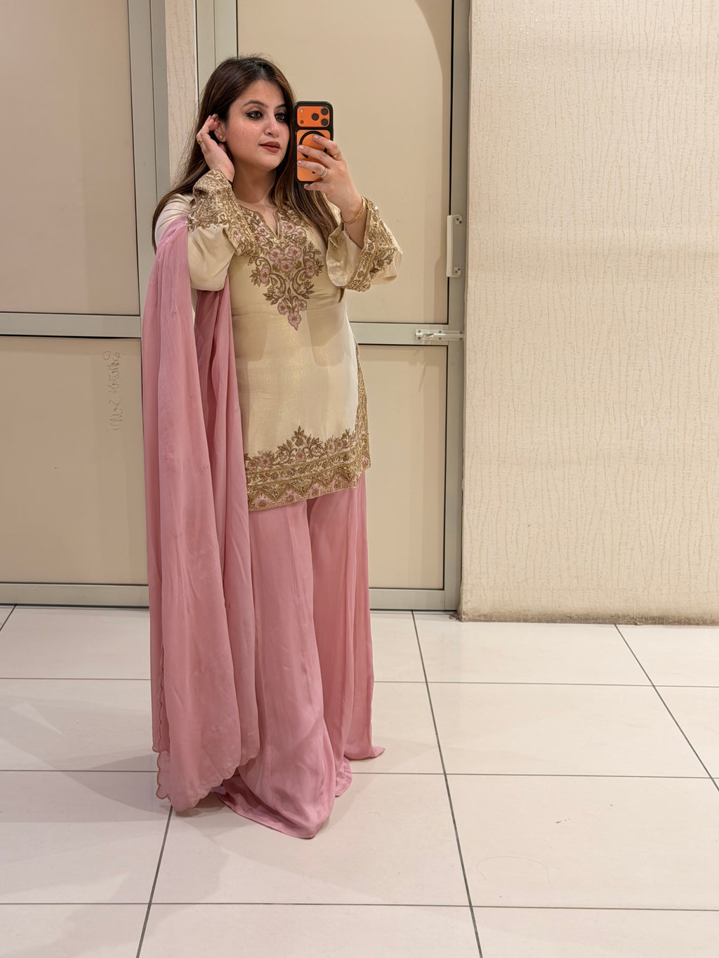 Cream & Pink Luxe Embroidered Suit Set (Free Size till XL)