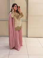Cream & Pink Luxe Embroidered Suit Set (Free Size till XL)