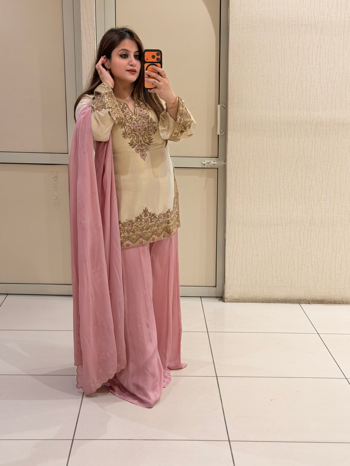 Cream & Pink Luxe Embroidered Suit Set (Free Size till XL)