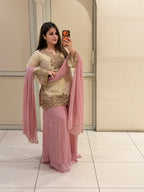 Cream & Pink Luxe Embroidered Suit Set (Free Size till XL)