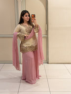 Cream & Pink Luxe Embroidered Suit Set (Free Size till XL)