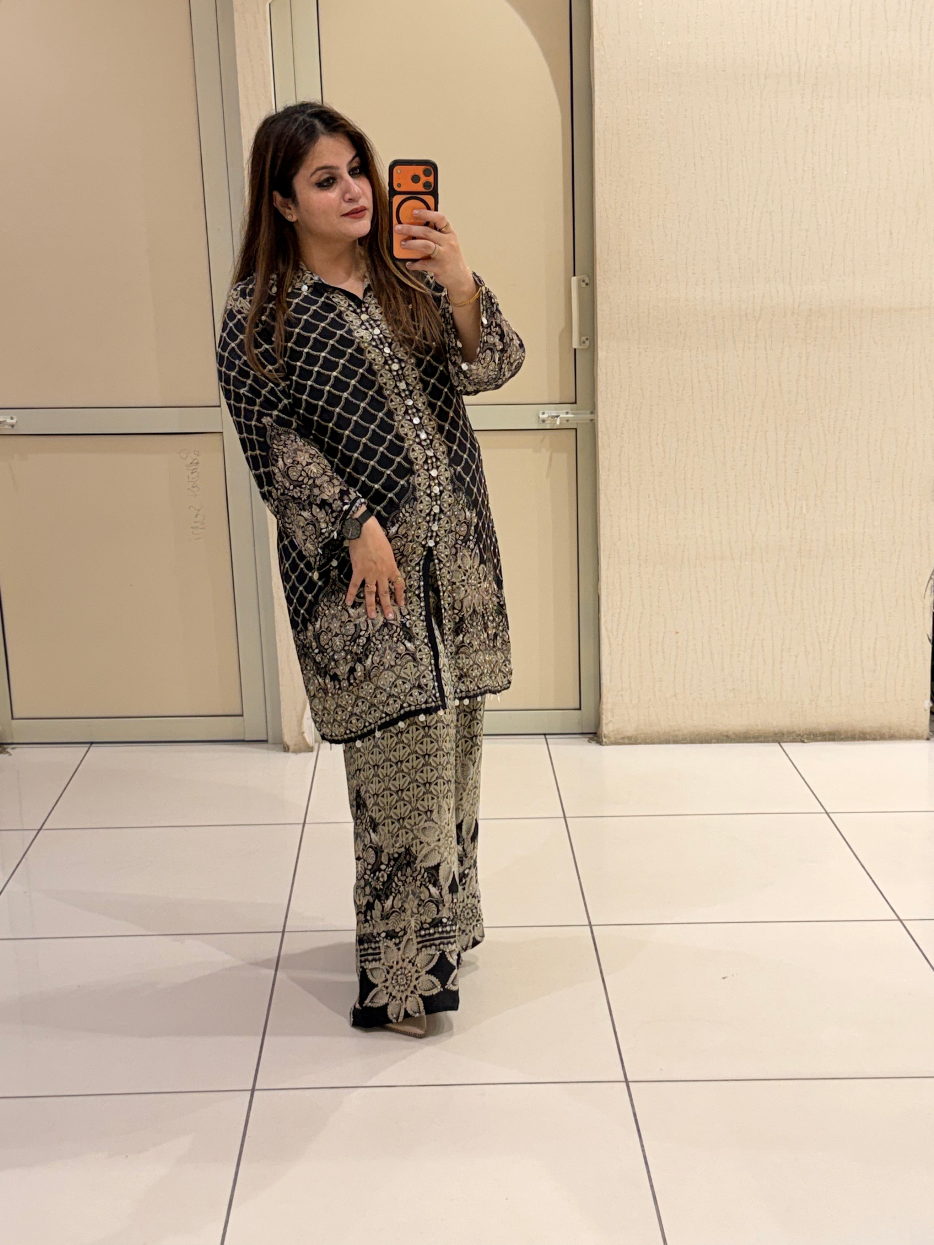 Black Printed Crepe Coord Set (M–XXL)