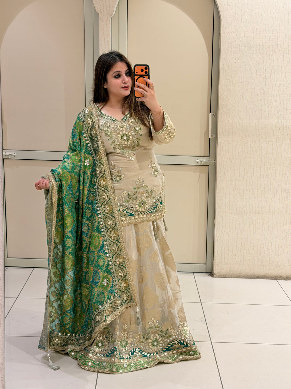 Beige & Green Luxe Embroidered Lehenga Set (Premium Fabric)